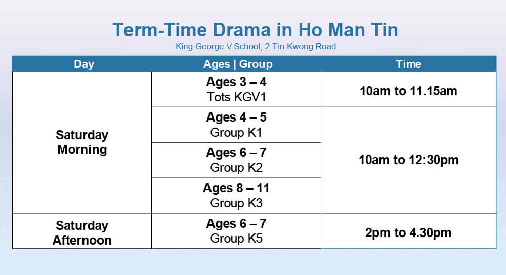 Term-Time Drama workshop schedule at King George V School, Ho Man Tin